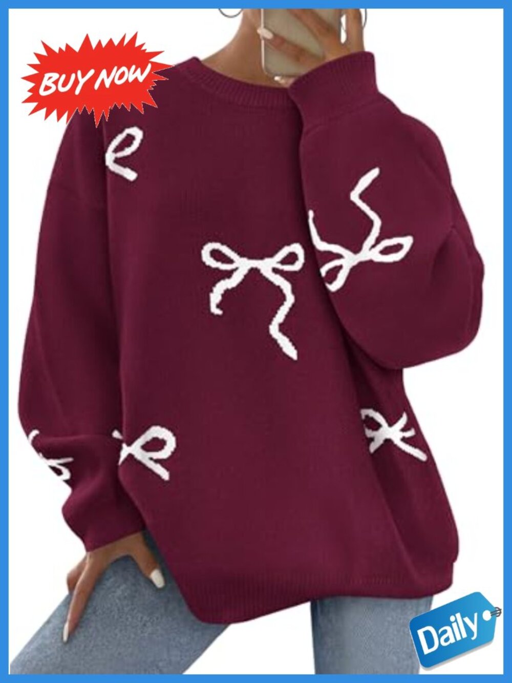 Women's Chunky Knit Bow Print Oversized Sweater Long Sleeve Crew Neck